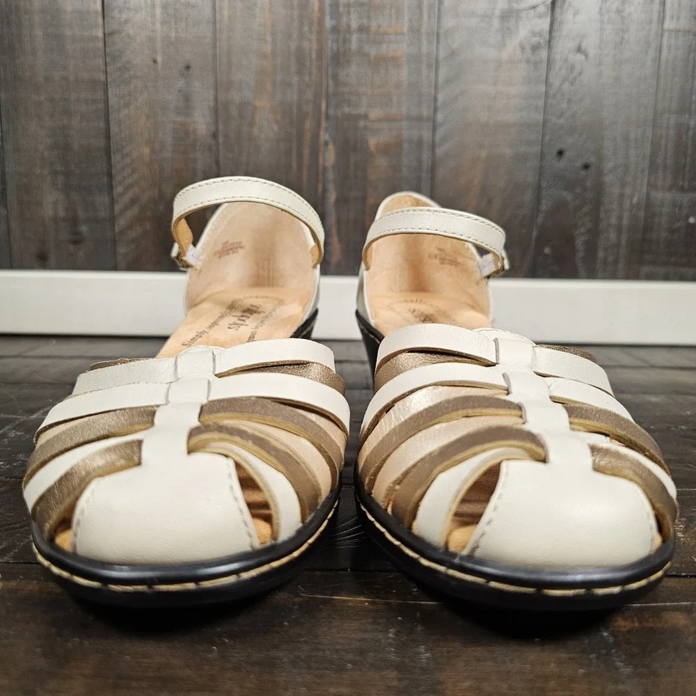 Softspots Womens 6.5 Tatianna Leather‎ Sandal Beige Gold Summer Shoes